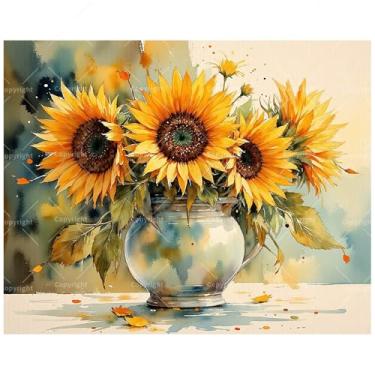 Imagem de Kit de pintura rústica de girassol por números para adultos - Girassóis DIY em jarro de cerâmica pintura em tela 40,6 x 50,8 cm, conjunto de tinta acrílica, adequado para iniciantes, arte country para