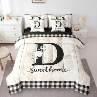 Imagem de Conjunto de edredom solteiro com letra D, 7 peças, monograma, monograma, alfabeto preto, floral, presente personalizado para mulheres e homens (D)