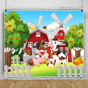 Imagem de Pano de fundo de fazenda 3 x 2,4 m desenho animado celeiro vermelho tema animal de fazenda chá de bebê aniversário fotografia fundo para decoração de festa estúdio cabine de fotos adereços