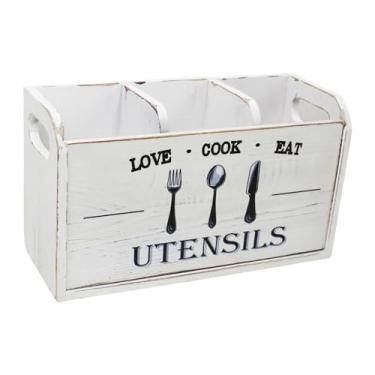 Imagem de FytStycale Suporte para utensílios de cozinha, organizador de utensílios de madeira, caixa de armazenamento rústica de madeira, pote de para hotéis, fazenda, Branco