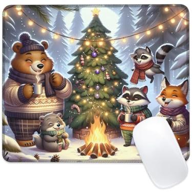 Imagem de Identiy Tapete de mouse pequeno de Natal, fogueira e animais da floresta de inverno, tapete de mesa para teclado e mouse, base de borracha antiderrapante, bordas costuradas para computador, laptop
