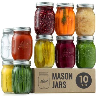Imagem de Paksh Novelty Frascos Mason com tampas e selante – Pacote com 10 frascos de conserva de vidro de boca regular de 473 ml – Recipiente de armazenamento de alimentos – Recipiente hermético para
