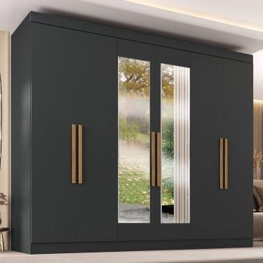 Imagem de Guarda-roupa 6 Portas com Puxador Mdf 50 e Espelho Paris Preto