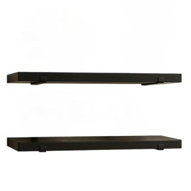 Imagem de Kit com 2 prateleiras de madeira industrial com suporte invertido mão francesa (Preto,50 Centímetros)
