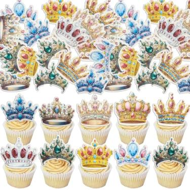 Imagem de Ephlyn 54Pcs Edible Crown Cupcake Toppers Wafer Paper Royal Crown Prince & Princess Crown Cupcake Picks for Crown Theme Party Cake Decoration Supplies Multi