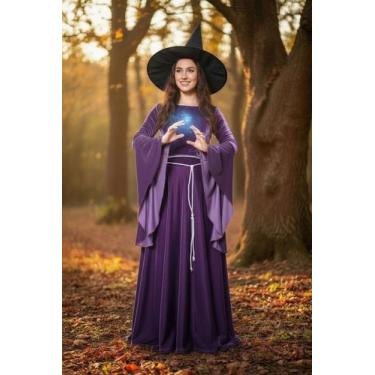 Imagem de Vestido Medieval Bruxa clássica na cor roxa halloween acompanha chapeu