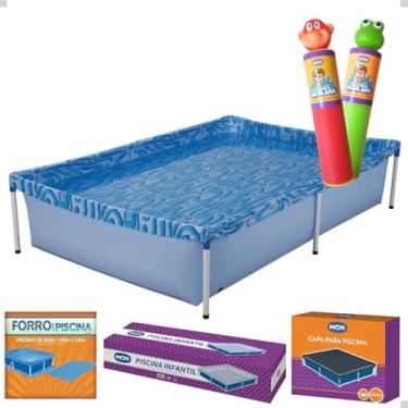 Imagem de Piscina 1500 Litros Quadrada com Capa e Forro + Lan?a Agua Brinquedo Infantil Kit (Verde Vermelho)