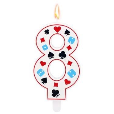 Imagem de Vela de aniversário com tema de cassino, vela com número de dados de pôquer para decorações de bolos, artigos de decoração de festa de aniversário com tema de jogos de azar (número 8)