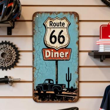 Imagem de 1 peça Vintage Route 66 Diner Tin Sign - Retro Pickup Truck Cactus American Road Trip Wall Decor Kitchen Bar Home Decor Placa de arte de metal rústico, azul, 30 x 15 cm