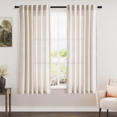 Imagem de Cortinas de linho bege 153 cm de comprimento para quarto, filtro de luz traseira, privacidade, cortinas transparentes, casa de fazenda, decoração costeira, linho, algodão, texturizada, cortina de gaze