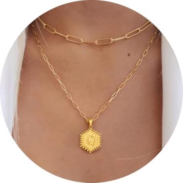 Imagem de Colar personalizado com pingente de letra A-Z, design hexagonal de corrente de camada dupla, joia minimalista de aço inoxidável para mulheres, F, Aço inoxidável, Sem Pedra Preciosa