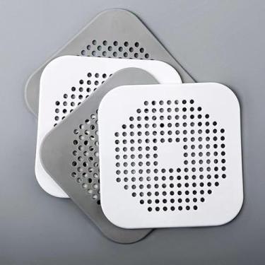 Imagem de Pacote com 4 coletores de tubos de drenagem | Capa de ralo de chuveiro quadrada de silicone com ventosa, rolha de cabelo para banheiro, banheira e cozinha, fácil de instalar