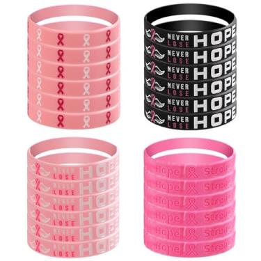 Imagem de 24 pulseiras de conscientização do seio, pulseiras de silicone de conscientização de problemas de seios com esperança, força, coragem para mulheres, lembrancinhas de festa, caridade e bem-estar social