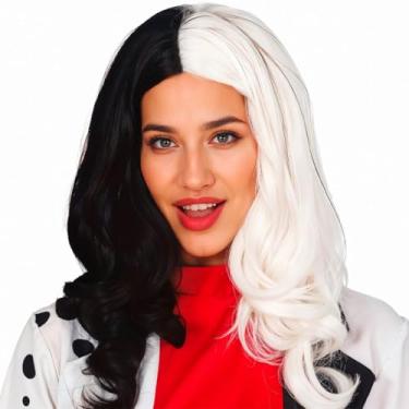 Imagem de Peruca Preta e Branca de Luxo pra Fantasia Cruella de Vil Cosplay Adulta Feminina (Preto e Branco)