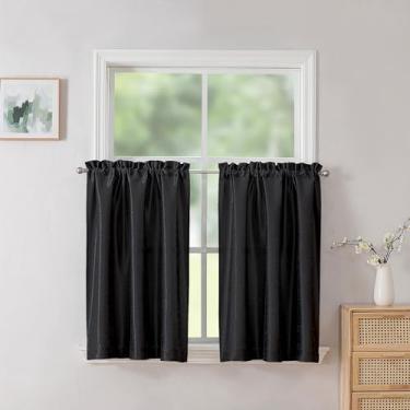 Imagem de Chyhomenyc Uptown Cortinas curtas pretas de 76 cm de comprimento, cortinas de cozinha texturizadas de seda sintética sobre a pia, cortinas curtas elegantes para janelas pequenas de quarto, cada 76 cm
