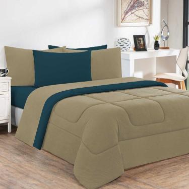 Imagem de Kit Edredom + Jogo De Lençol 100% Algodão Gran Moratta 7 Peças King Avelã-azul Petróleo