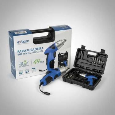 Imagem de Parafusadeira Elétrica Exbom Sem Fio USB 5V  Kit Completo com 49 Peças