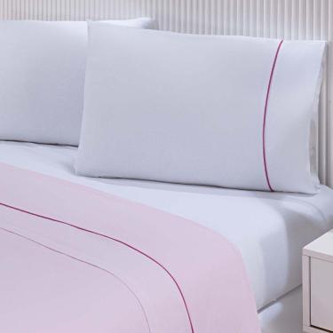 Imagem de Jogo De Cama Lençol 100% Algodão Percal 150 Fios Casal Gran Moratta 4 Peças - Branco E Rosa.
