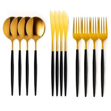 Imagem de jogo 12 talheres inox dourada preto mesa cozinha posta garfo faca colher buffet Premium Ocidentais Estilo