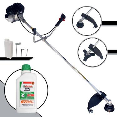 Imagem de Roçadeira Aparador de Grama À Gasolina Toyama RT43LB25A 43cc 1,7HP de Alta Performance Completa Com Carretel Nylon + Lâmina 3 Pontas + ÓLEO STIHL 2T