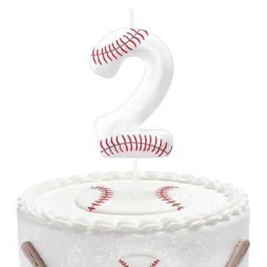 Imagem de Velas de aniversário de beisebol número 2, topo de bolo com tema de beisebol para meninos e meninas, decorações de bolo para aniversários, suprimentos de festa com tema esportivo, velas para