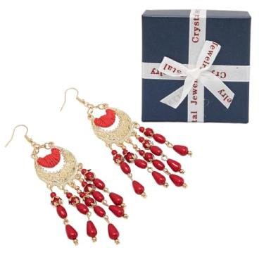 Imagem de 2 brincos de borla vintage leves com pingente de gota vermelha com caixa de armazenamento para presentes de Natal