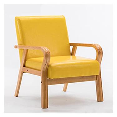 Imagem de ARKORDER Poltrona de madeira de meados do século, poltrona de couro PU, poltrona com moldura de madeira e almofada grossa, cadeira minimalista para quarto, sala de estar, escritório