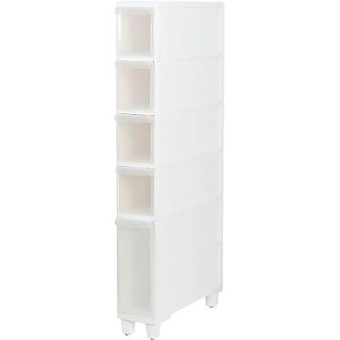 Imagem de LWJYMXBD Armário estreito e alto para banheiro, unidade de armazenamento vertical com 4 gavetas e rodízios transparentes, carrinho de gaveta de armazenamento estreito independente fino para torre de