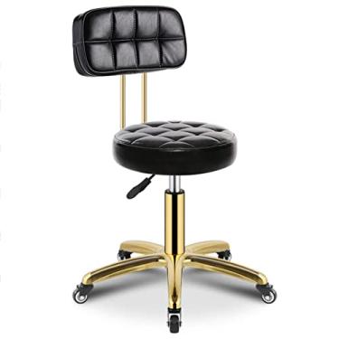 Imagem de BSNANCA Banqueta ajustável de couro PU assento redondo salão de beleza cadeira escritório trabalho banco com encosto e rodas giratórias (cor: cinza) (preto)
