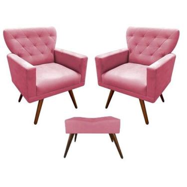 Imagem de Kit 2 Poltronas Decorativa Aurora + 1 Puff Retangular Suede Rosa Pés M