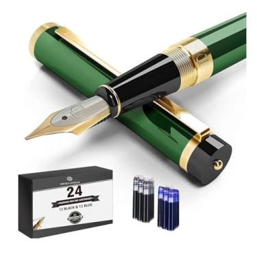 Imagem de Dryden Designs Caneta-Tinteiro Verde Média Ponta - Inclui 24 Cartuchos de Tinta - 12 Pretos e 12 Azuis com Conversor de Recarga de Tinta