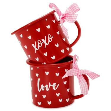 Imagem de JarThenaAMCS 2 peças Canecas de café para Dia dos Namorados 340 g copo esmaltado coração amor vermelho branco com alça canecas fofas para festa de aniversário de casamento, jantar em casa