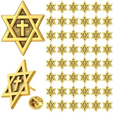 Imagem de Kigeli Broche de lapela com cruz de estrela de Davi, 50 peças, broche judaico cristão, sinagoga de Hanukkah, presentes de Israel, decoração religiosa a granel (dourado)