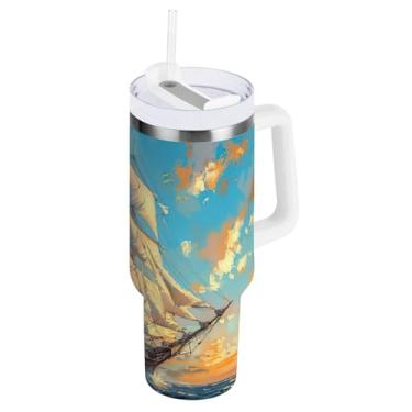 Imagem de Blueangle Copo isolado de 850 g com alça e tampa de canudo - Caneca de viagem de aço inoxidável à prova de vazamento, garrafa de água grande para navio de cortador de parede dupla (6)