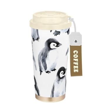 Imagem de SEHANY Caneca de viagem de pinguim fofa de 482 g Copos de café reutilizáveis revestidos de cerâmica com tampa à prova de vazamento, parede dupla, isolamento a vácuo, copo de café de aço inoxidável