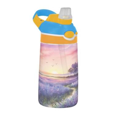 Imagem de Blueangle Garrafa de água de 473 ml Pôr do sol em um campo roxo, garrafa de água reutilizável Tritan Sports & Travel com canudo e design de tampa de bico pop-up (858)