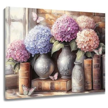 Imagem de LB Arte de parede de flor de hortênsia - decoração de parede de banheiro floral colorida borboleta rosa - Estética vintage livro emoldurado obras de arte em tela para sala de estar, quarto, cozinha