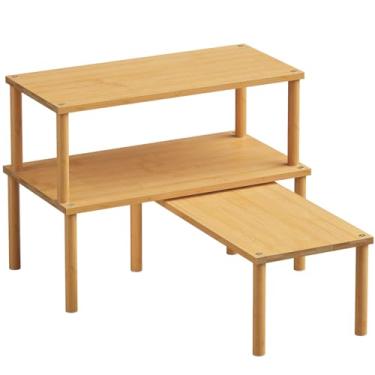 Imagem de Danfoxer Prateleira organizadora de armário (conjunto de 3), prateleiras de bancada de cozinha de bambu para bancada e armário, prateleiras empilháveis para especiarias, grande (natural)