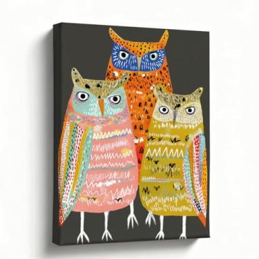 Imagem de Arte em tela Boho Chic Owl Trio - 20 x 25 cm Arte abstrata moderna de coruja para sala de estar, escritório e dormitório - Arte divertida, colorida e peculiar de corujas para qualquer espaço