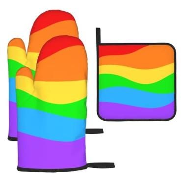 Imagem de Rainbow – Conjunto de cozinha essencial com 3 peças, luvas seguras para calor e aderência de tampa, proteção para churrasco no forno, design de armazenamento suspenso.