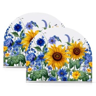 Imagem de Wassud Porta-guardanapos acrílico girassóis e bluebells, dispensador de guardanapos de papel moderno em forma de U para mesa, cozinha, sala de jantar, bancada 2 peças (comporta 50-60 guardanapos)