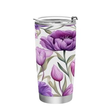 Imagem de Wassud Copo de tulipas roxas de 590 ml com tampa e canudo, copo isolado a vácuo de parede dupla de aço inoxidável, caneca de café de viagem para bebidas frias e quentes