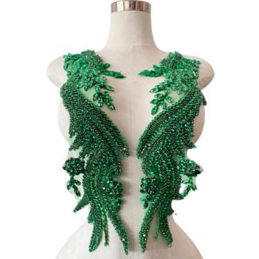 Imagem de Jpumley.pksn Apliques de renda de strass feitos à mão costurados em miçangas para acessórios de roupas de vestido 1 par/bolsa 14 x 20 cm (verde claro)