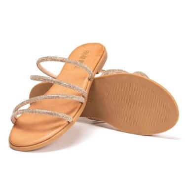 Imagem de Sandália feminina de dedo aberto com tiras de strass, sem cadarço, confortável, casual, elegante, sapatilha para o verão, Champanhe, 36