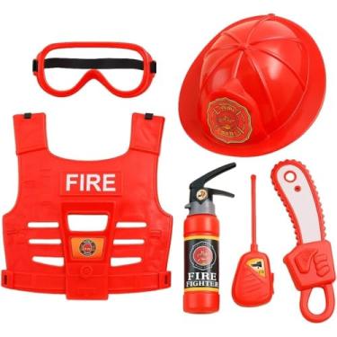 Imagem de Kit Bombeiro com Colete e Acessórios, Brinquedo Infantil,Fantasias Infantis 8 Peças, Plástico, Inclui Extintor 23cm, Rádio 18cm, Motosserra 27cm