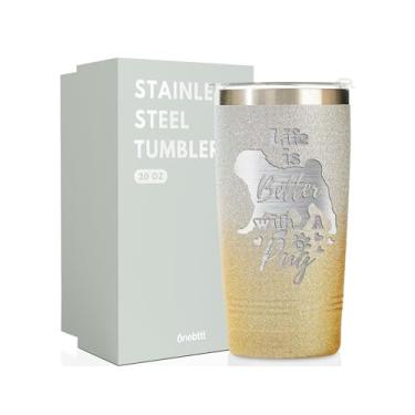 Imagem de Onebttl Presentes Pug para amantes de pug, caneca de viagem de aço inoxidável de 590 ml para mulheres donas de cães, glitter dourado e prata