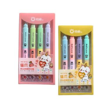 Imagem de Marcador De Texto Kit Com 4 Canetas Ponta Dupla Com Cores Variadas Patinha de Gatinho (Embalagem amarel)