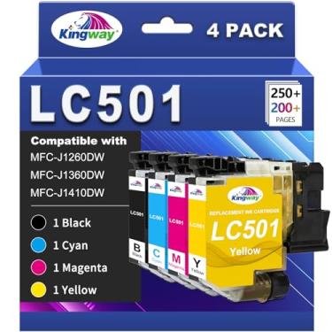 Imagem de KINGWAY Pacote combo de cartuchos de tinta LC501 para impressora Brother LC501 compatível com impressoras MFC-J1260DW MFC-J1360DW MFC-J1410DW (pacote com 4, preto ciano magenta amarelo)