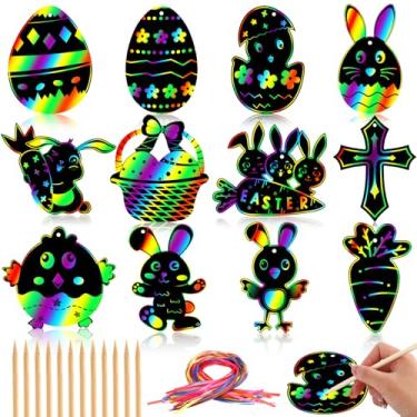 Imagem de Artesanato de Páscoa para Crianças, Pacote com 36 JULMELON Magic Rainbow Scratch Paper Kit Cute Bunny Art para Crianças Lembrancinhas de Festa de Páscoa Presentes Recheios de Cesta de Ovos