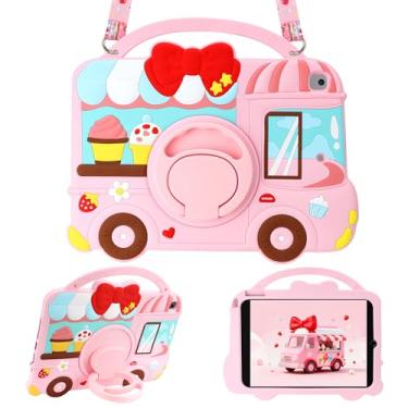 Imagem de VOFUOE Capa de silicone macio para iPad 9ª/8ª/7ª geração com alças de ombro com suporte giratório de 360° para iPad 10.2 2021 2020 2019 - rosa